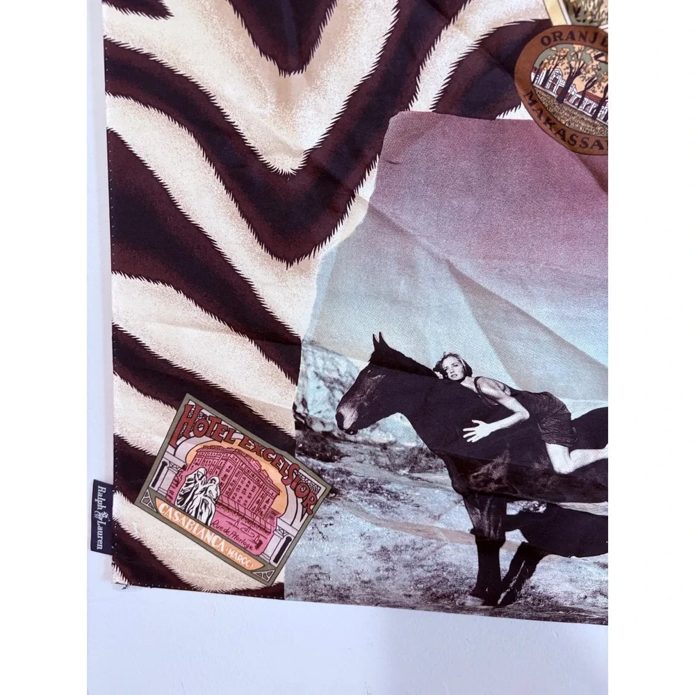 Ralph Lauren Silk Scarf Safari Zebra Lion Elephant Vintage Travel Collage Italy